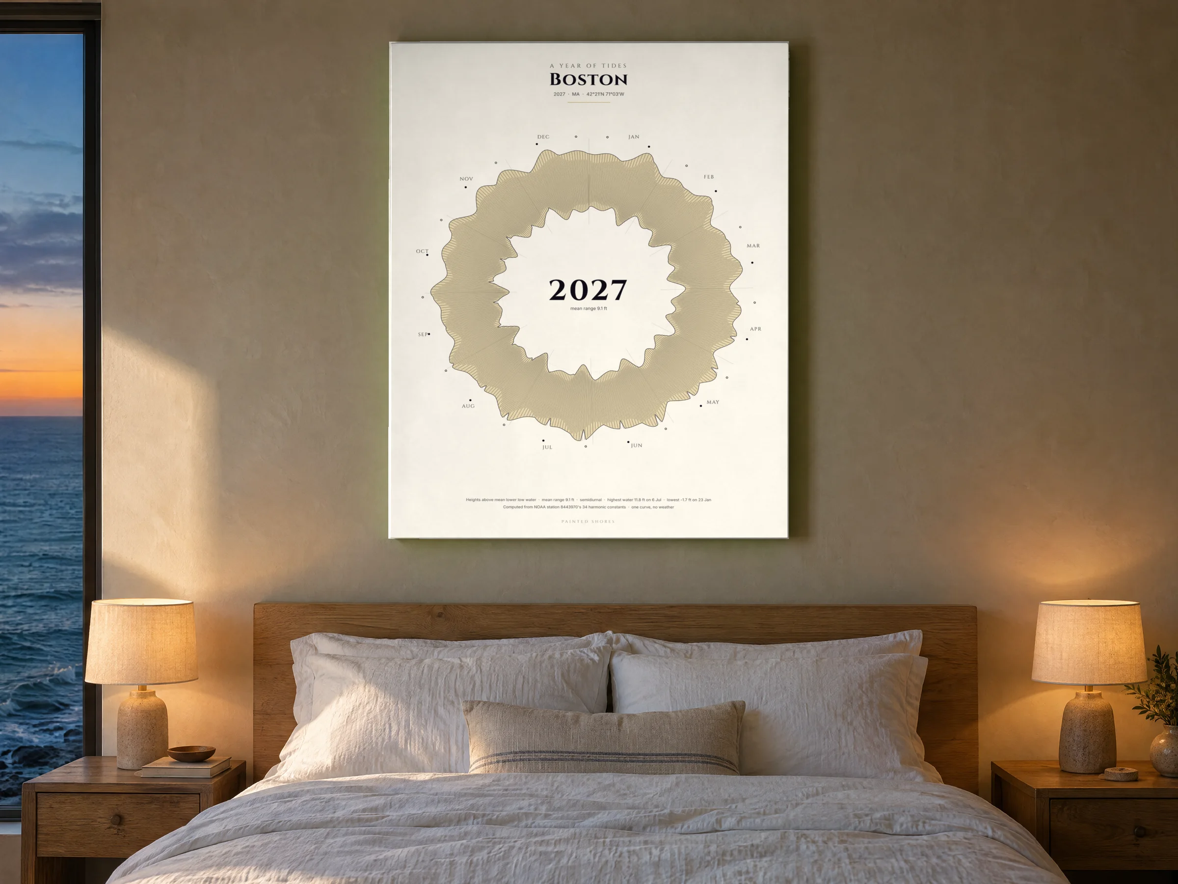 The ring of Honolulu's year as a gallery canvas above a white linen bed, bedside lamps lit, a dark blue sea in the window