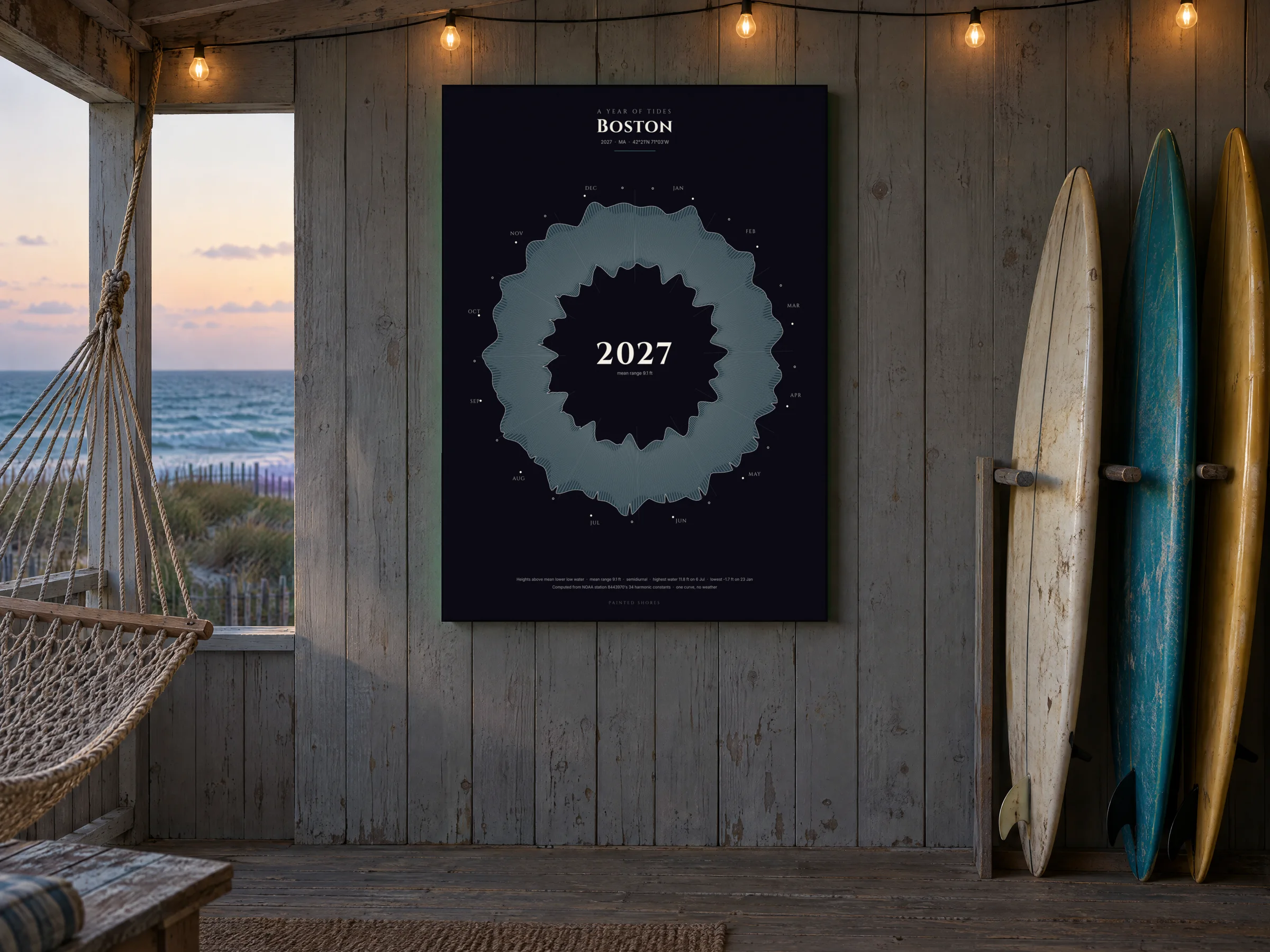 A sea-blue ring of the year on black canvas on the grey boards of a beach-shack porch, warm bulbs above and the dark Atlantic behind